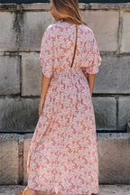 Women's Pink Floral Wrap Maxi Dress back view - Boho Wedding Guest Maxi Dress