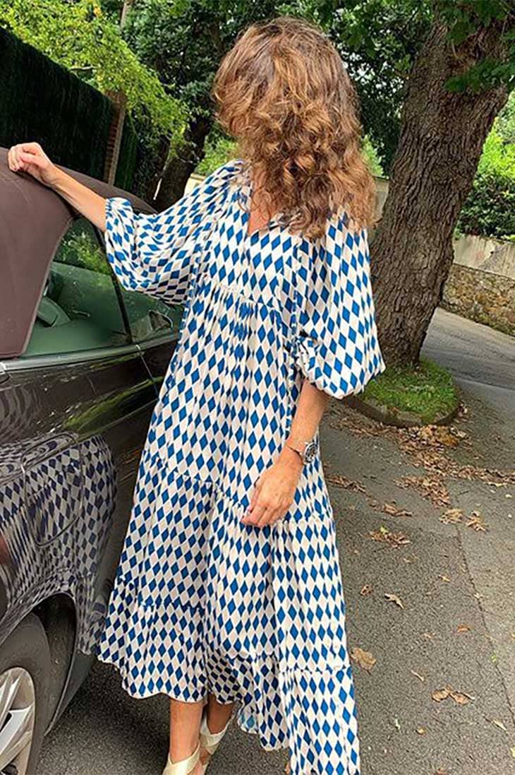 Blue diamond geometric print boho midi dress, full look