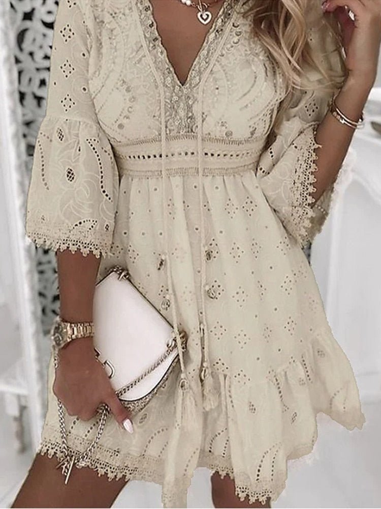 V-neck lace bell sleeve boho mini dress | Alba Muse
