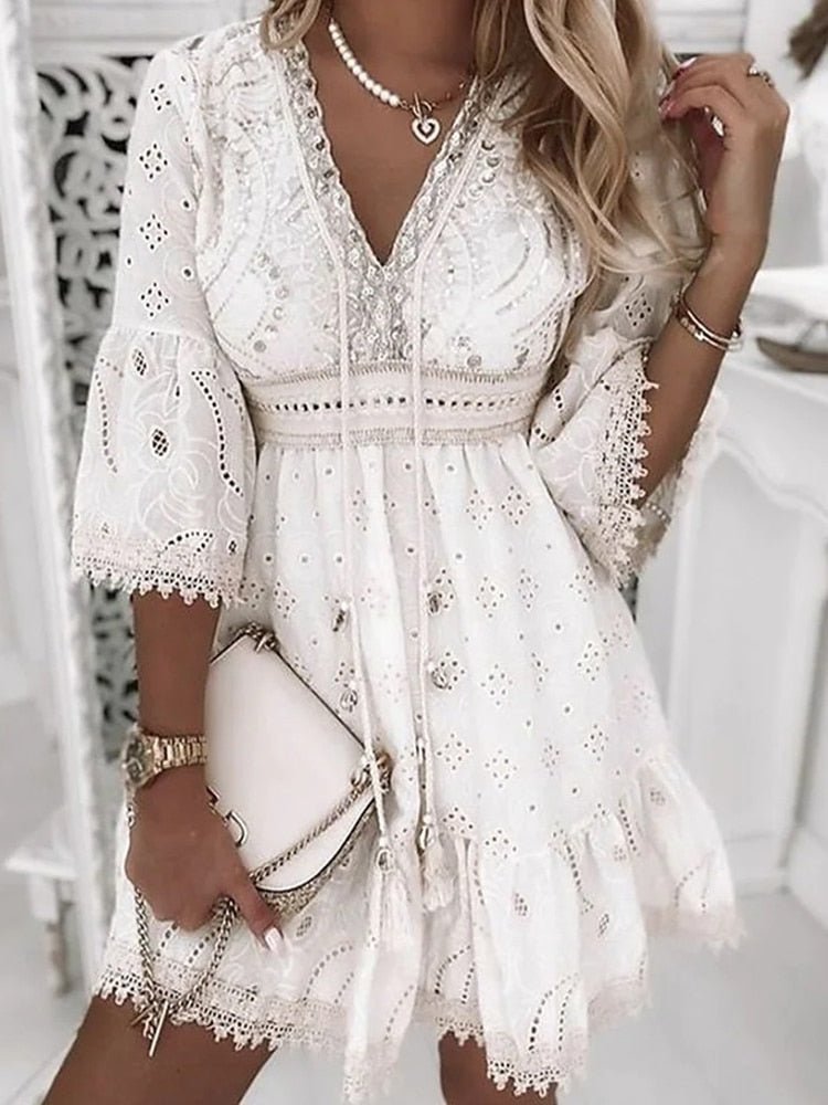 V-neck boho mini dress lace detail | Alba Muse
