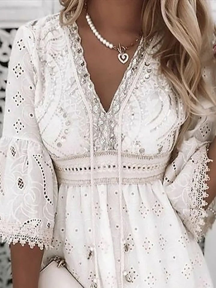 Boho lace bell sleeve dress full length | Alba Muse
