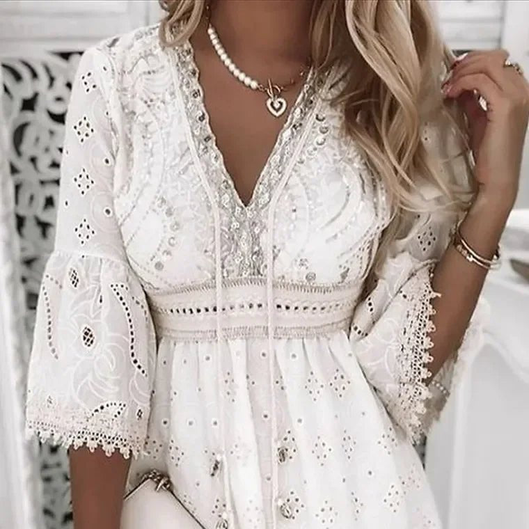 V-Neck Lace Bell Sleeve Boho Mini Dress