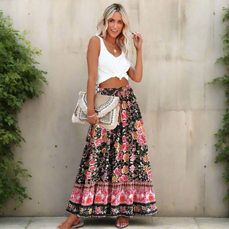 Women's Floral High Waist Boho Vintage Maxi Skirt full look - 70s Inspired Flowy Skirt