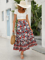 Women's Floral High Waist Boho Long Skirt front view - Lace-Up A-Line Boho Skirt