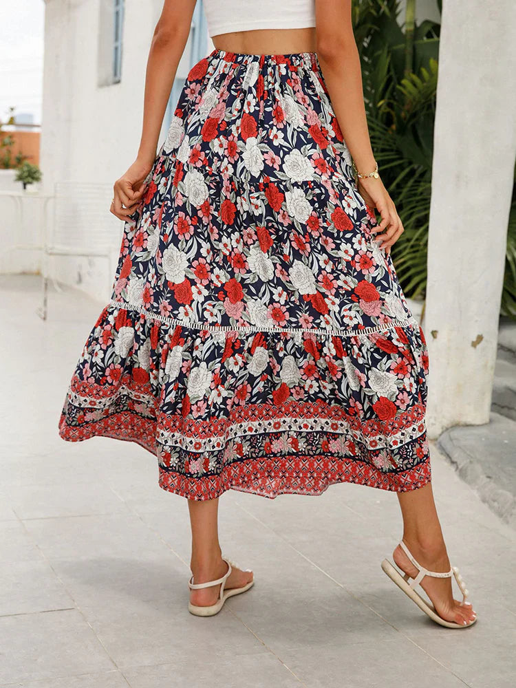 Women's Floral High Waist Boho Long Skirt side view - Lace-Up A-Line Boho Skirt