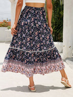 Women's Floral High Waist Boho Long Skirt detail view - Lace-Up A-Line Boho Skirt