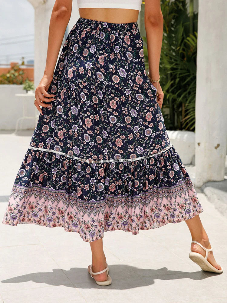 Women's Floral High Waist Boho Long Skirt detail view - Lace-Up A-Line Boho Skirt