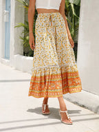 Women's Floral High Waist Boho Long Skirt back view - Lace-Up A-Line Boho Skirt