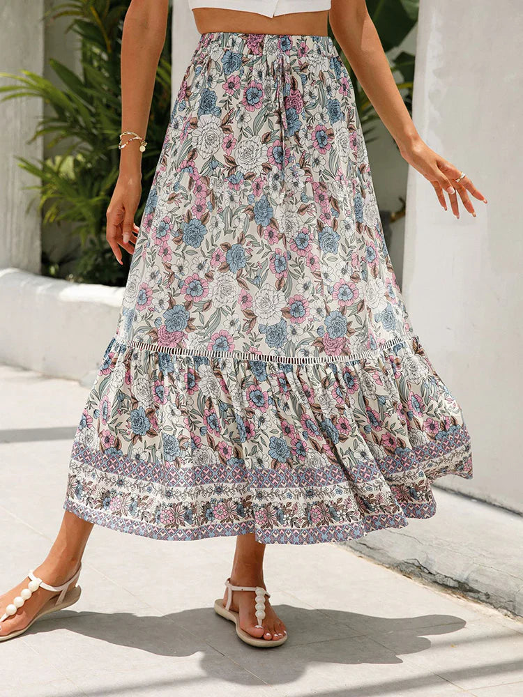 Women's Floral High Waist Boho Long Skirt full length - Lace-Up A-Line Boho Skirt