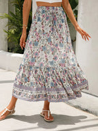 Women's Floral High Waist Boho Long Skirt full length - Lace-Up A-Line Boho Skirt