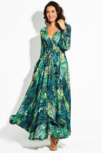 Women's Tropical Leaf Print V-Neck Maxi Dress front view - Boho Bishop Sleeve Maxi Dress
