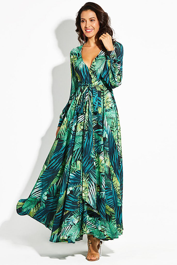 Women's Tropical Leaf Print V-Neck Maxi Dress front view - Boho Bishop Sleeve Maxi Dress