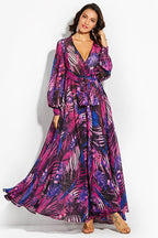 Women's Tropical Leaf Print V-Neck Maxi Dress in red - Boho Bishop Sleeve Maxi Dress