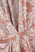 Women's Pink Floral Wrap Maxi Dress close-up - Boho Wedding Guest Maxi Dress
