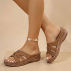 Women's arch support slides in brown – woven strap sandals side view