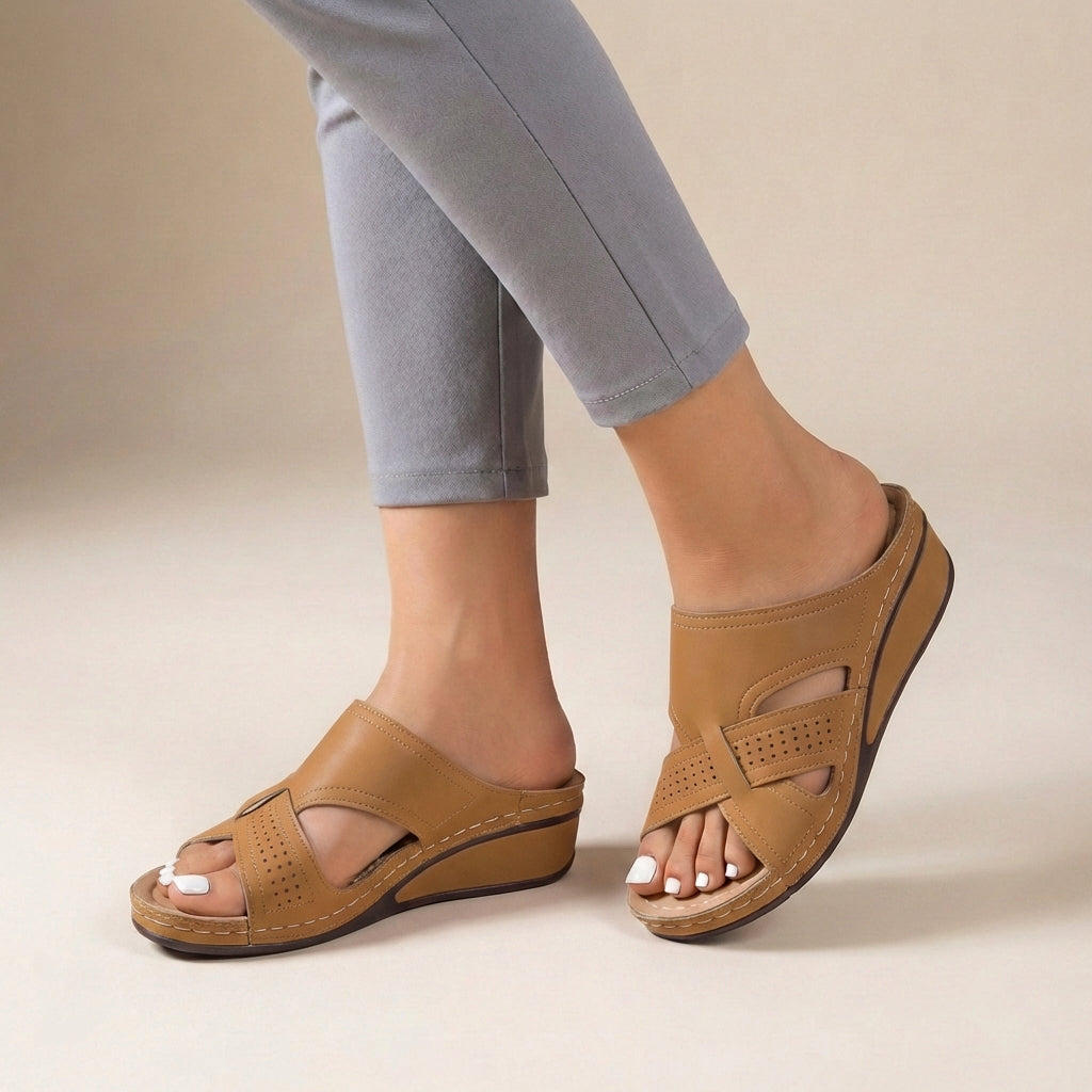 Suede cutout strap wedge sandals – women's holiday and resort shoes