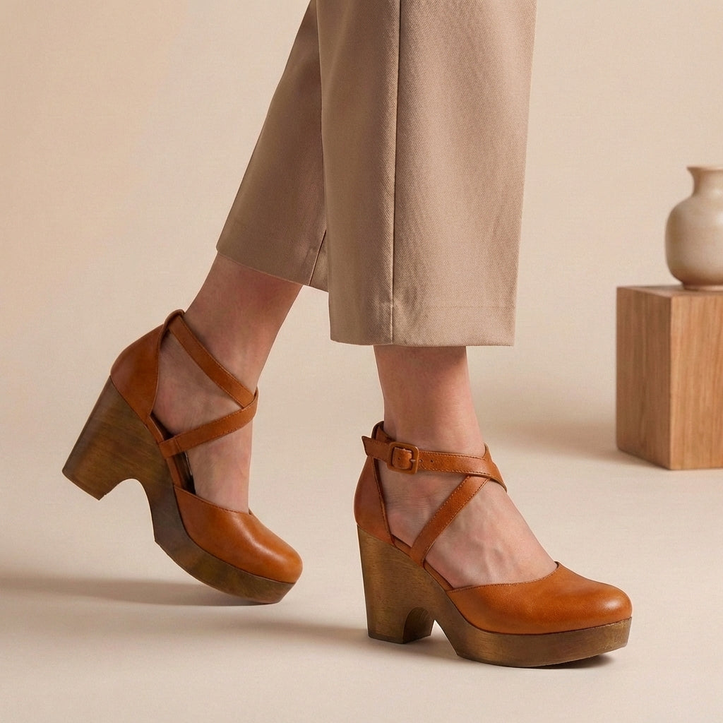 Women's camel platform wedge shoes – closed toe ankle strap block heel
