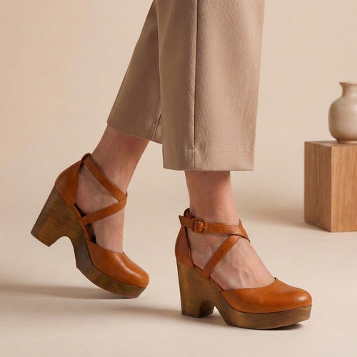 Closed toe platform wedge shoes in Brown, side view