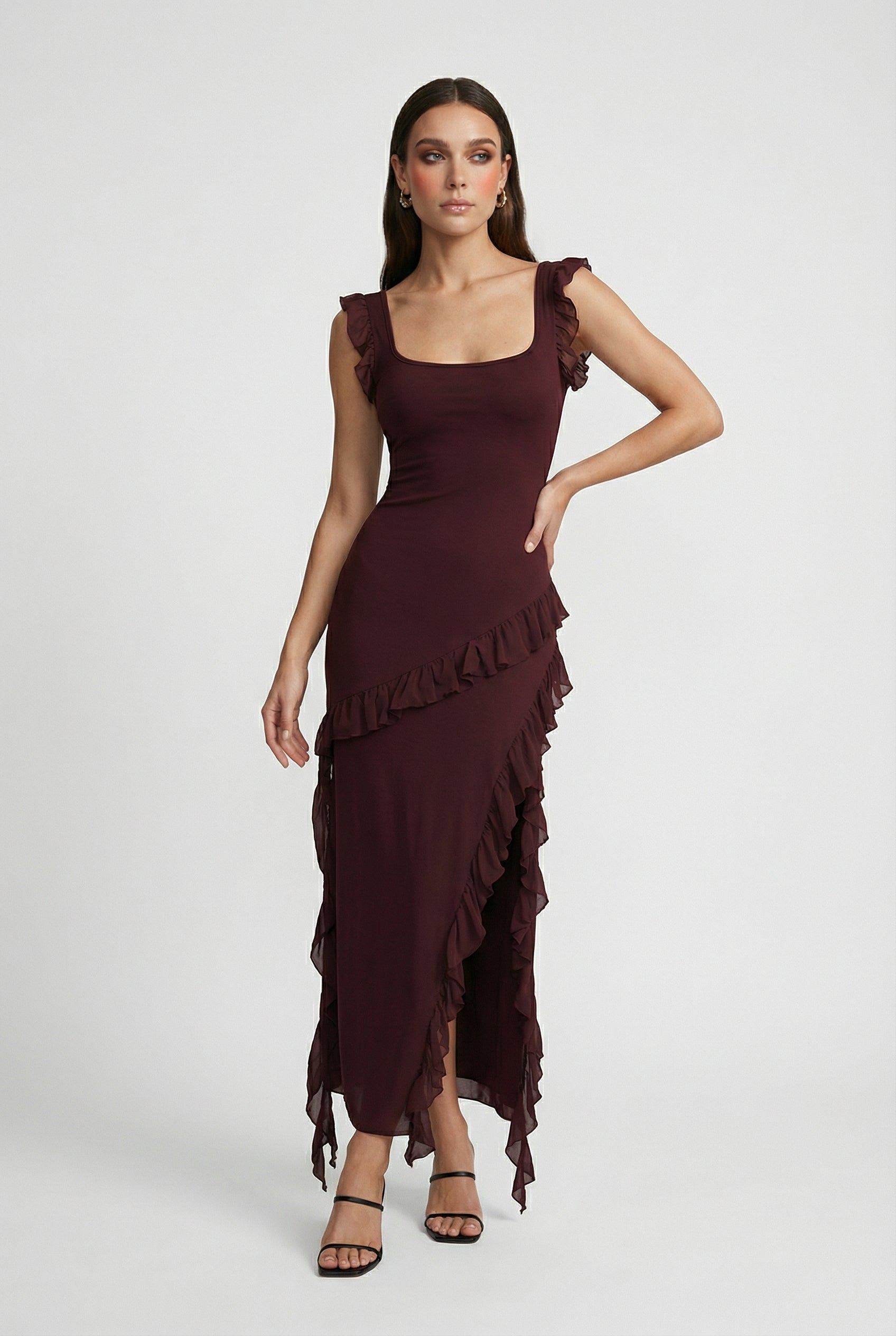 Brown Summer Maxi Dress - Sexy Open Back and High Slit