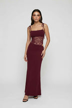 Burgundy lace maxi dress, backless design back view