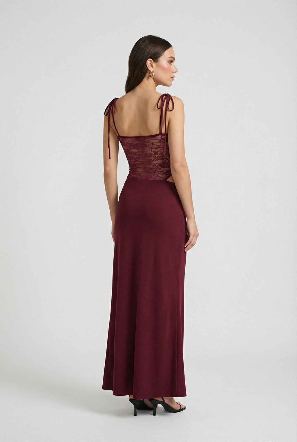 Burgundy lace maxi dress, high waist side view