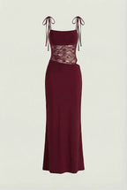 Burgundy backless lace maxi dress, full length view