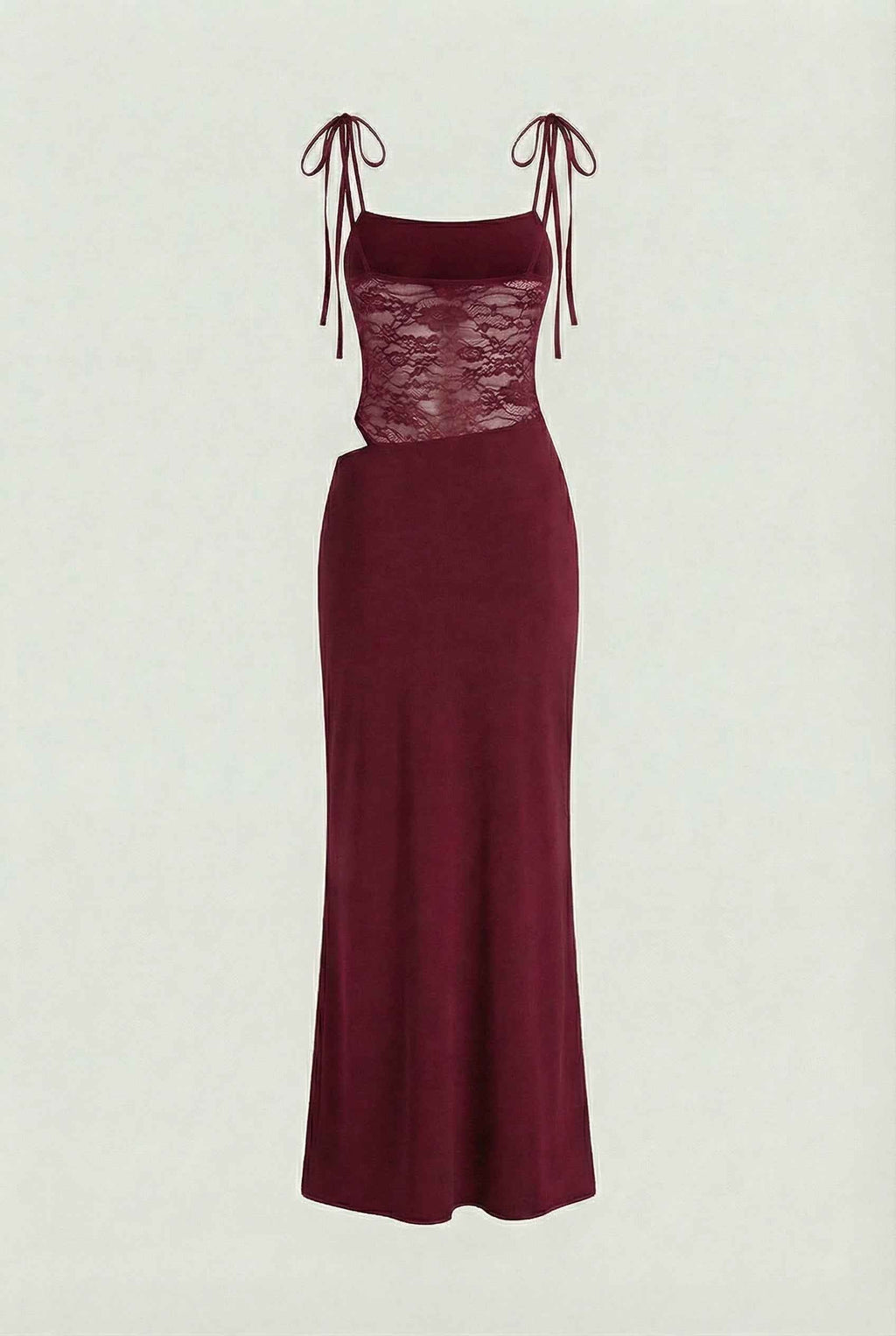 Burgundy lace occasion dress, close up lace detail
