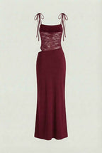 Burgundy lace occasion dress, close up lace detail