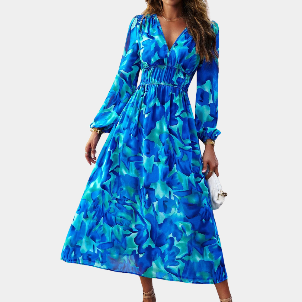 Front view of women's floral maxi dress flowing silhouette
