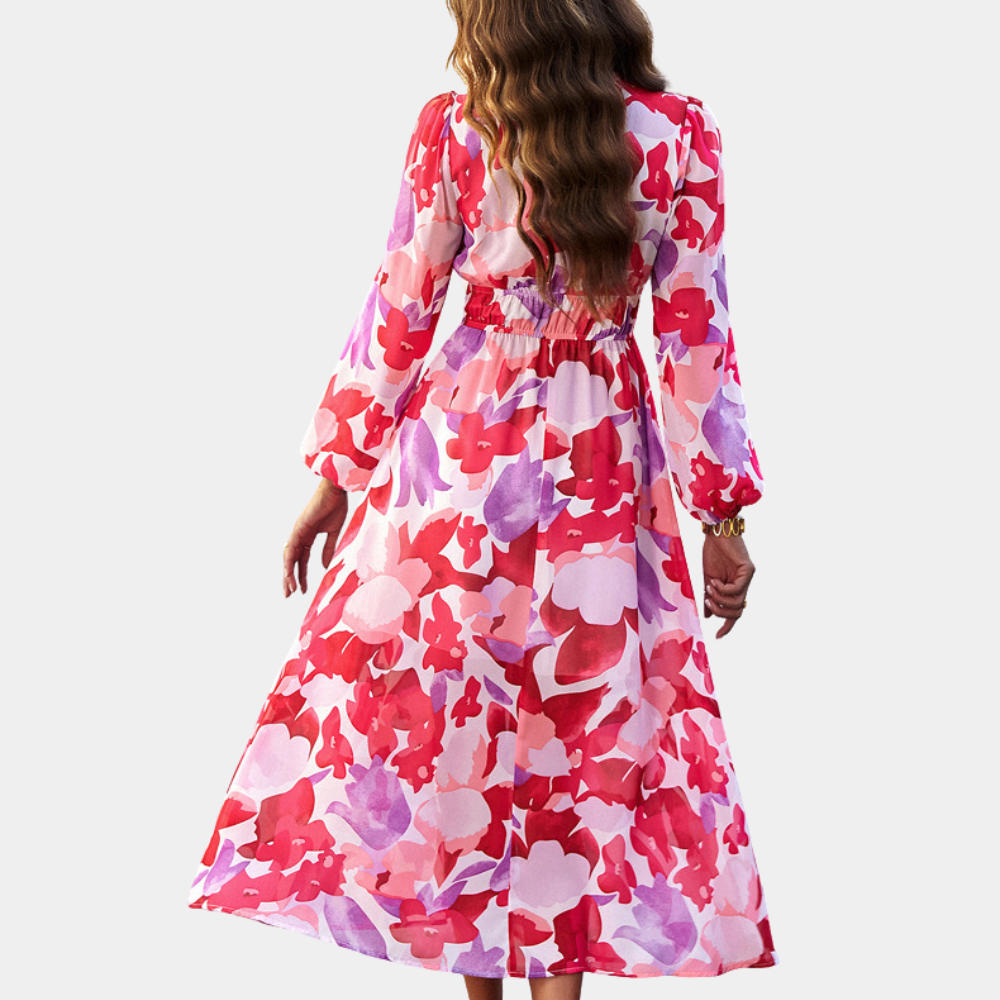Women's floral cotton maxi dress in apricot wedding guest style