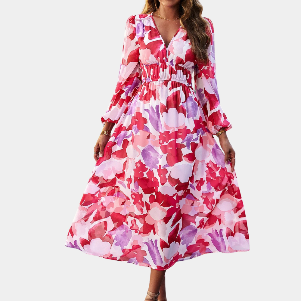 Detail shot of floral print on women's cotton maxi dress