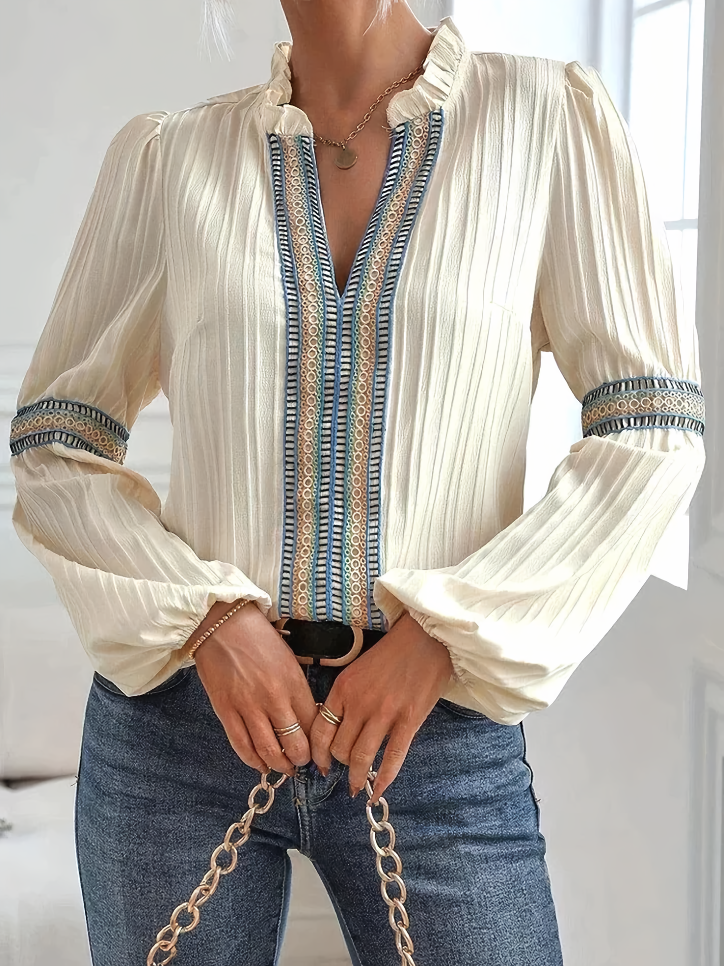 Women's vintage embroidered elegant blouse with flowing silhouette, front view