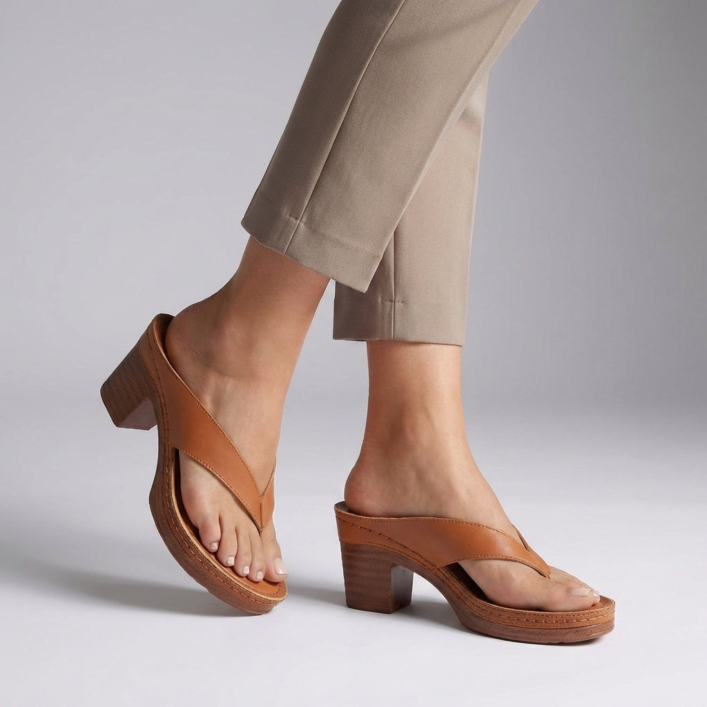 Women's block heel thong sandals with wood-effect finish – side view
