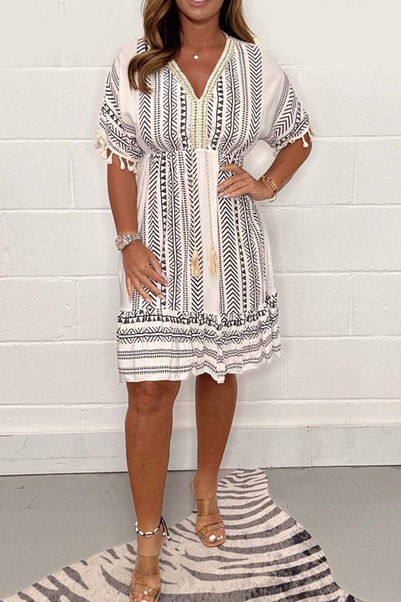 Printed V-neck summer dress in black white, front view