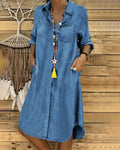 Denim shirt midi dress front view belted