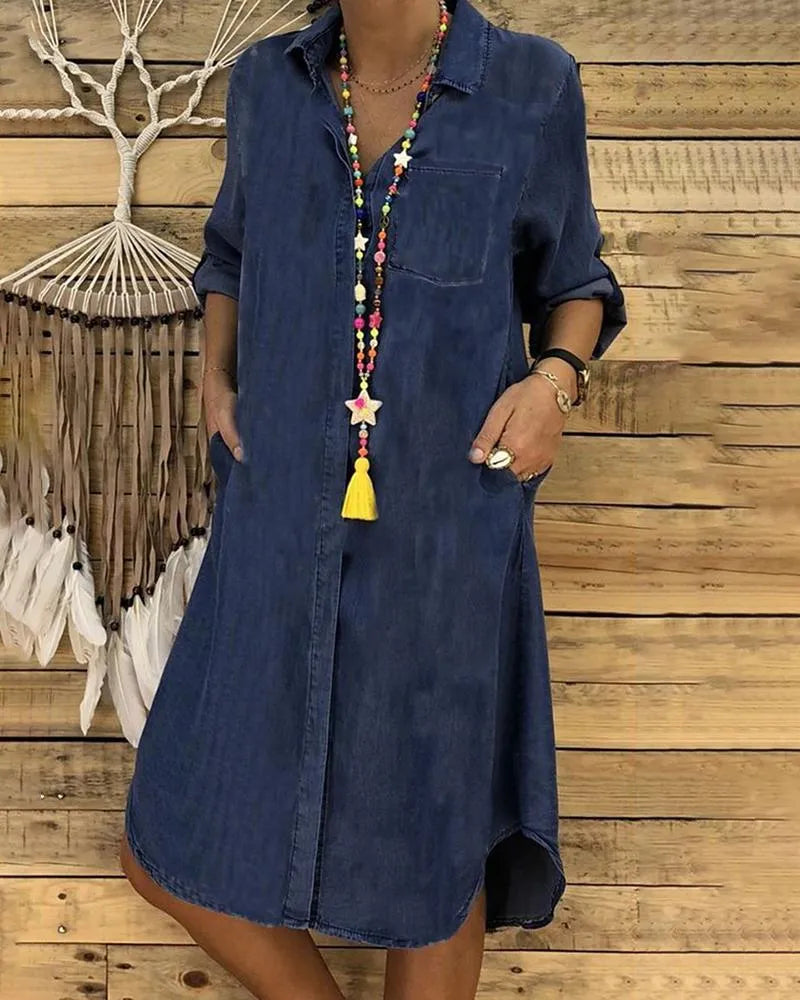 Denim midi dress back view full length