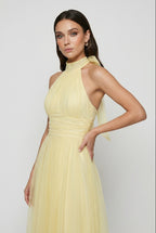 Yellow ruched bodice tulle midi dress – halter neck close-up detail