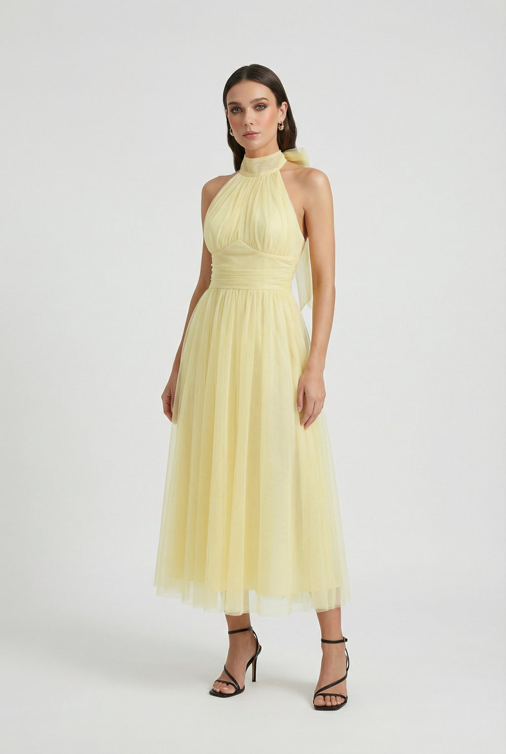 Women's yellow halter neck tulle midi dress – ruched bodice front view