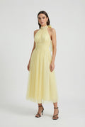 Women's yellow halter neck tulle midi dress – ruched bodice front view