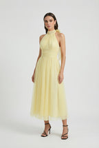 Women's yellow halter neck tulle midi dress – ruched bodice front view
