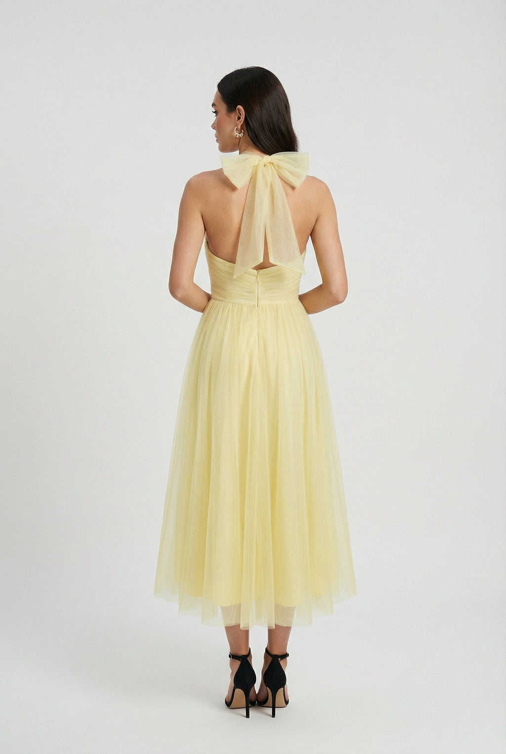 Yellow tulle midi dress for women – open back bow tie detail