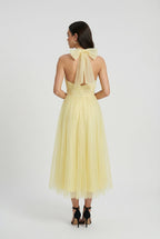 Yellow tulle midi dress for women – open back bow tie detail