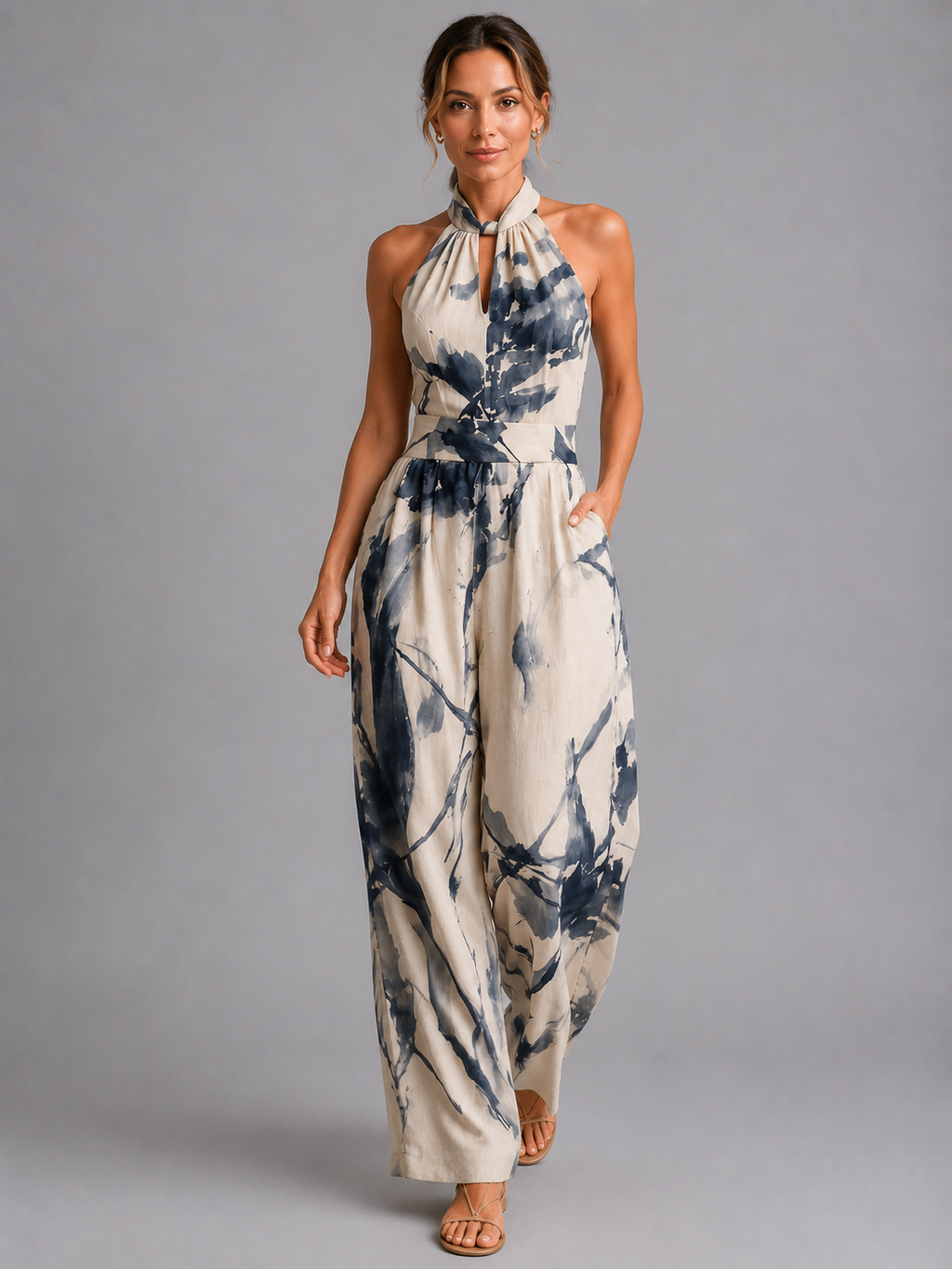 Women's printed wide-leg jumpsuit front view light blue summer
