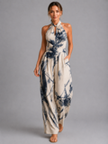 Women's printed wide-leg jumpsuit front view light blue summer