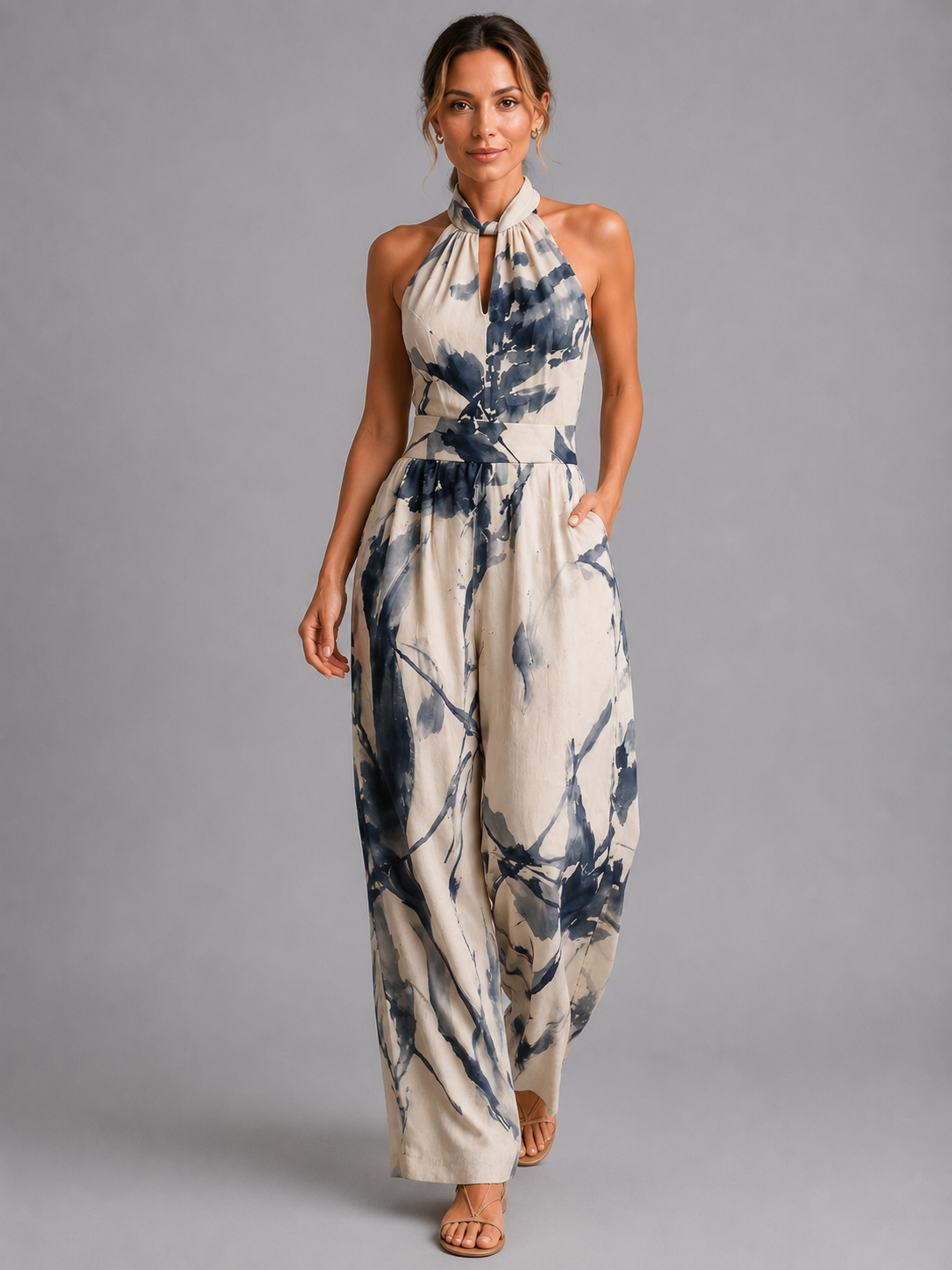 Women's printed wide-leg jumpsuit front view light blue summer