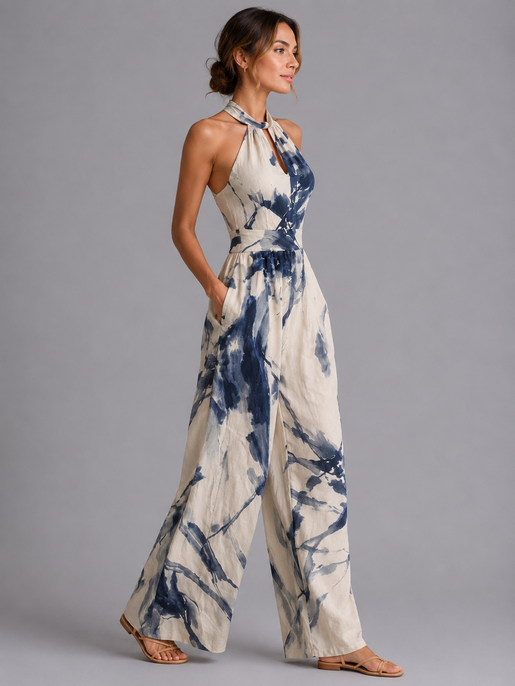 Printed jumpsuit back view full length wide-leg