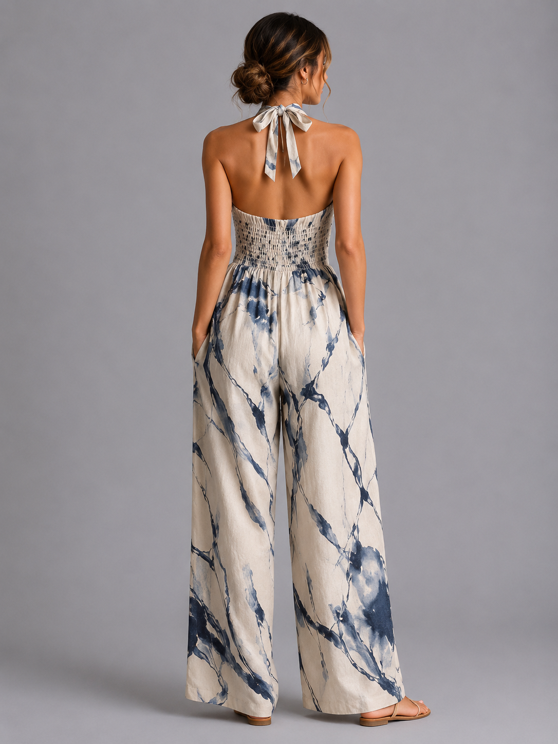 Light blue jumpsuit lifestyle shot summer style