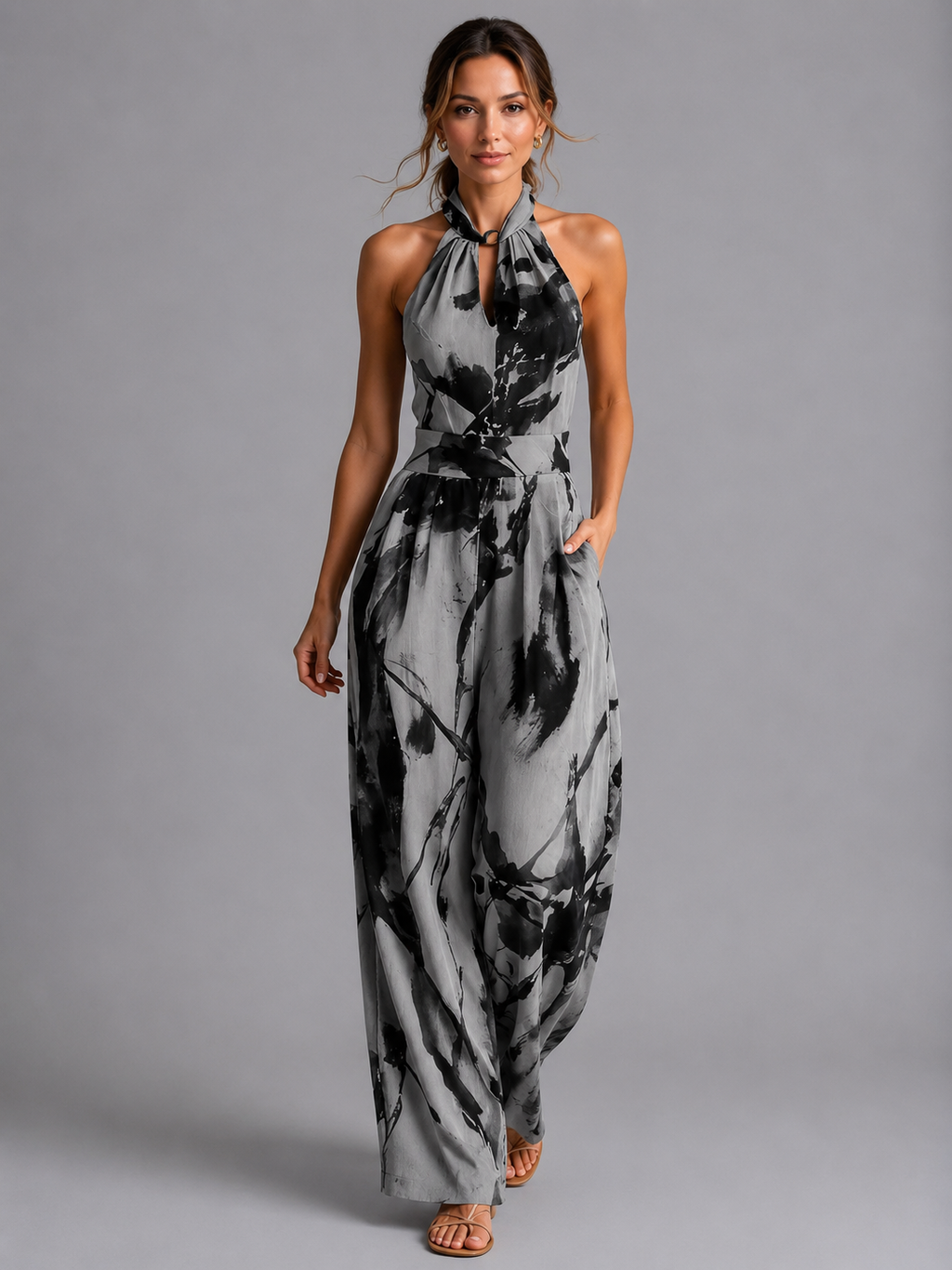Wide-leg printed jumpsuit side profile view