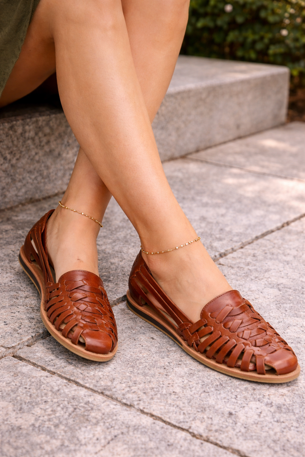 Women's Sophie woven leather flat sandals front view brown
