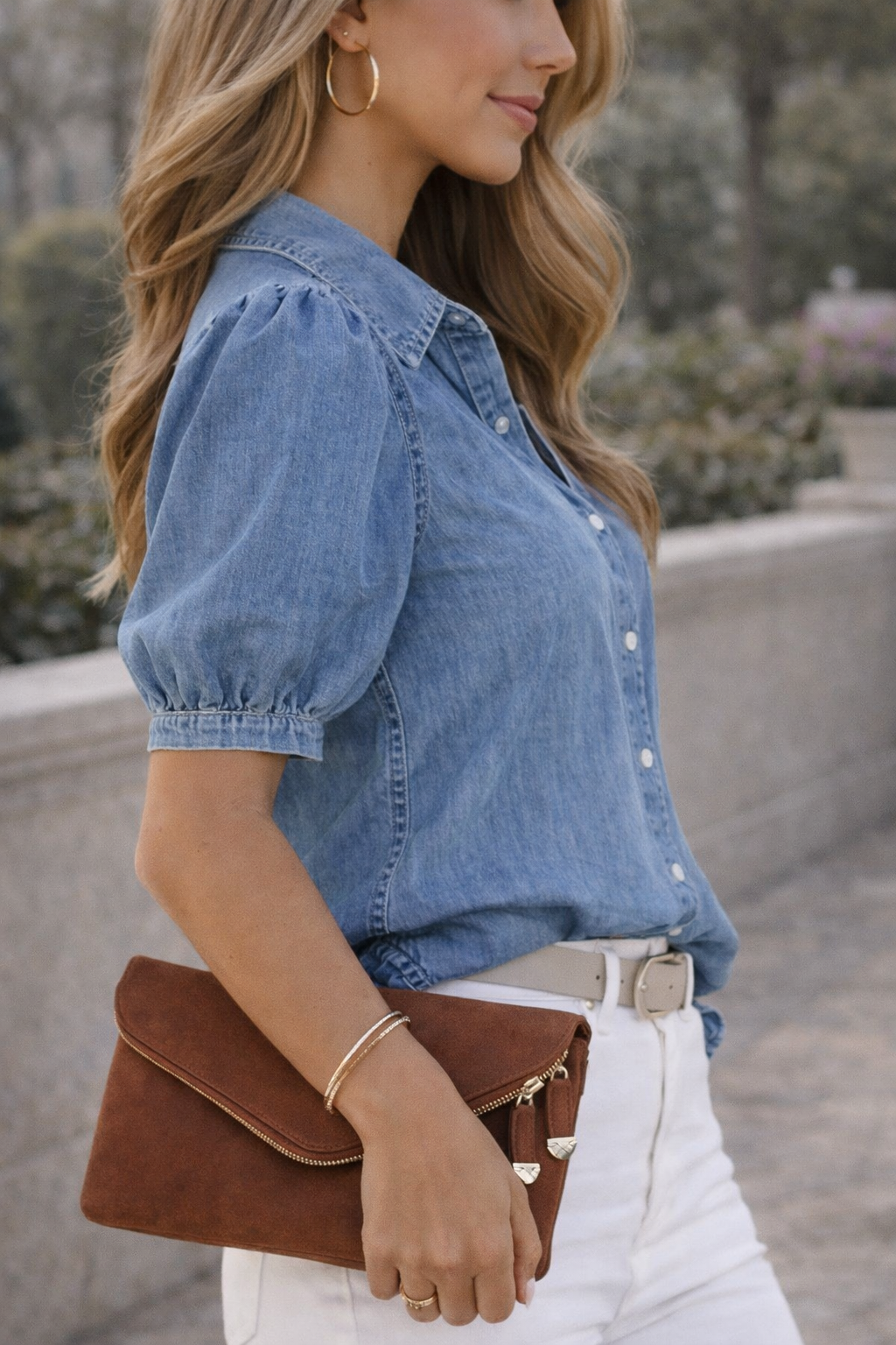 Puff sleeve denim blouse back view full length
